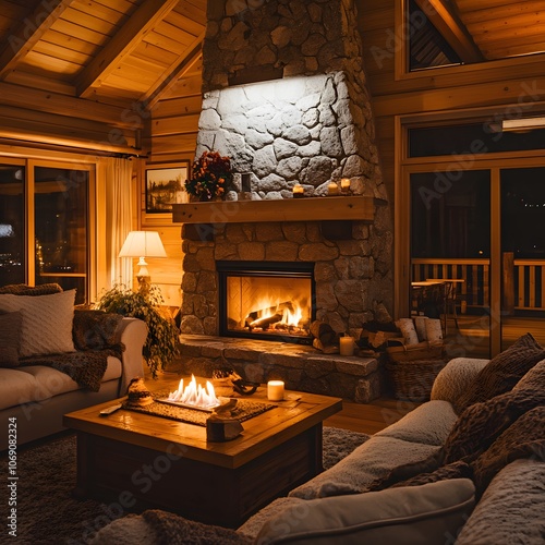 A cozy living room featuring a stone fireplace, comfortable furniture, and warm lighting photo