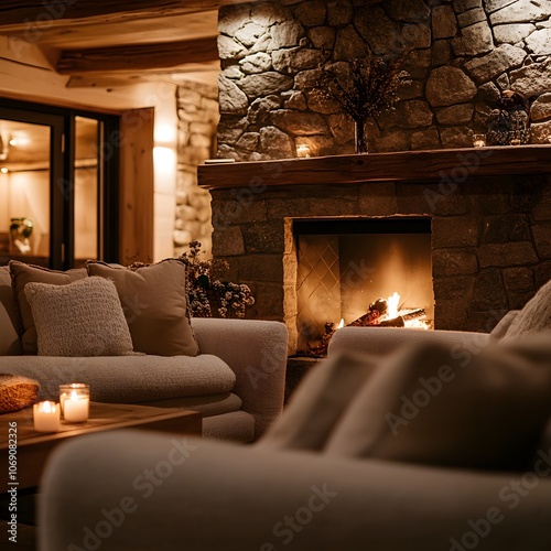 A cozy living room featuring a stone fireplace, comfortable furniture, and warm lighting photo