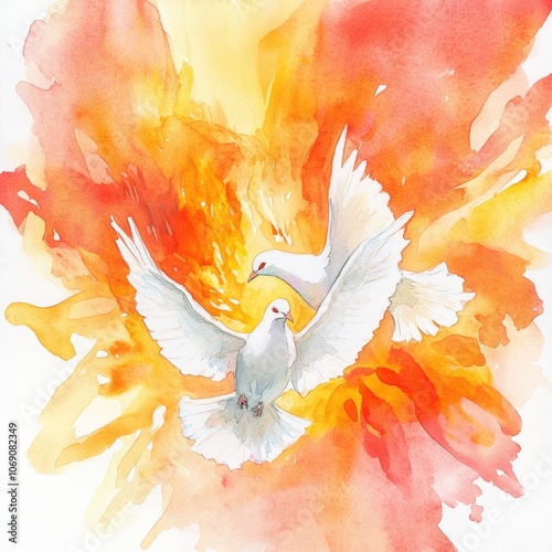Doves and flames symbolizing Pentecost, watercolor brushstrokes creating a sense of peace and reverence with subtle, divine energy