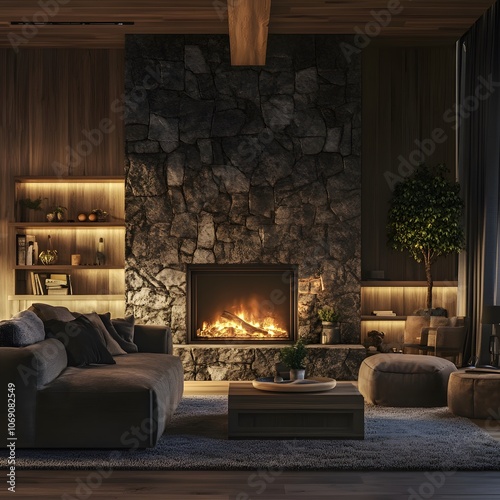 A cozy living room featuring a stone fireplace, comfortable furniture, and warm lighting photo