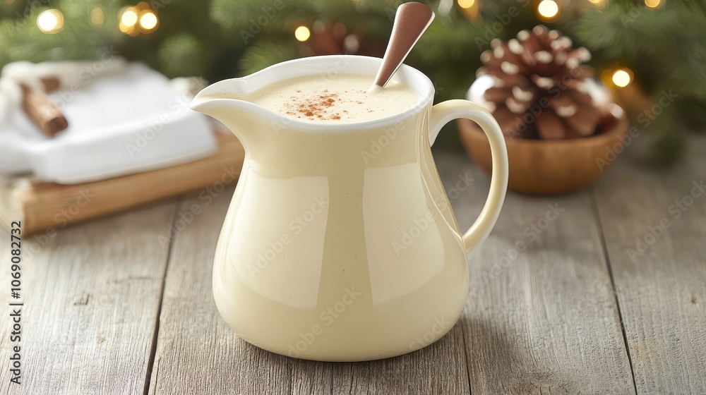 Creamy Holiday Beverage Pitcher on Wooden Table Creamy Holiday Beverage Pitcher on Wooden Table