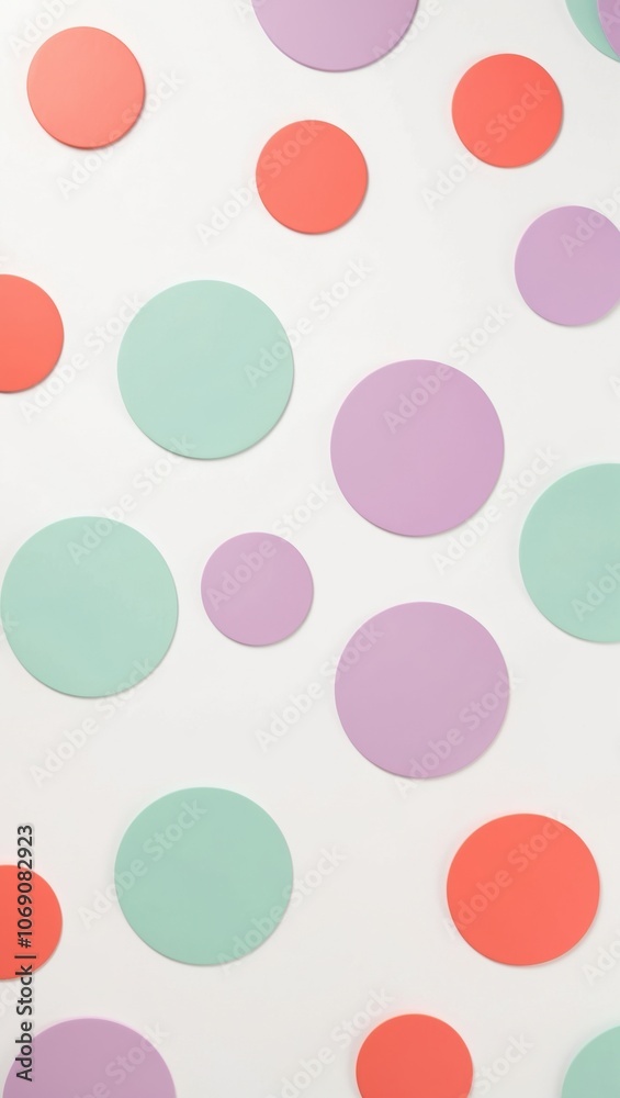 A vibrant display of colorful circles in mint green, lavender, and coral against a soft white background, creating a playful and cheerful atmosphere. A vibrant display of colorful circles in mint green, lavender, and coral against a soft white background, creating a playful and cheerful atmosphere.
