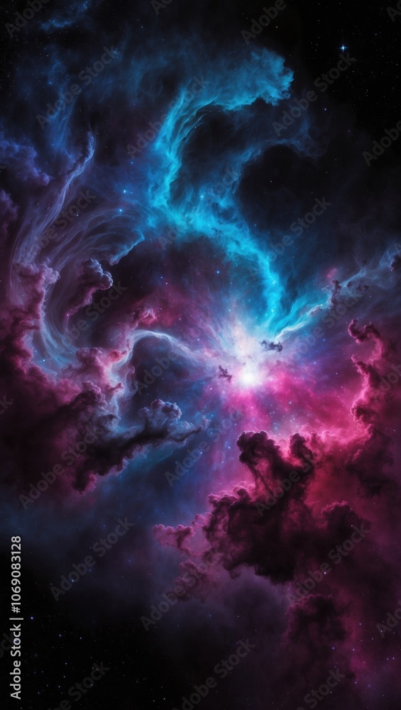 Fototapeta premium A mesmerizing cosmic scene showcasing vibrant blue and pink nebulae swirling through the depths of space, creating a stunning visual of interstellar beauty.