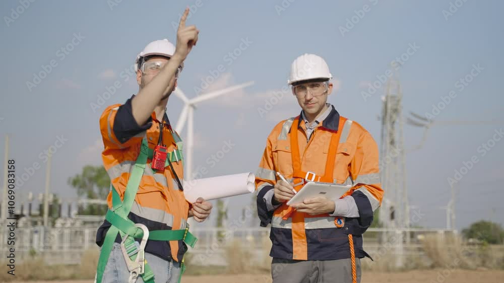 Renewable energy engineers working on wind turbine projects. Technician workers use a tablet to work together outdoors at windmill farms. Engineers research environmentally friendly ecology energy. Renewable energy engineers working on wind turbine projects. Technician workers use a tablet to work together outdoors at windmill farms. Engineers research environmentally friendly ecology energy.