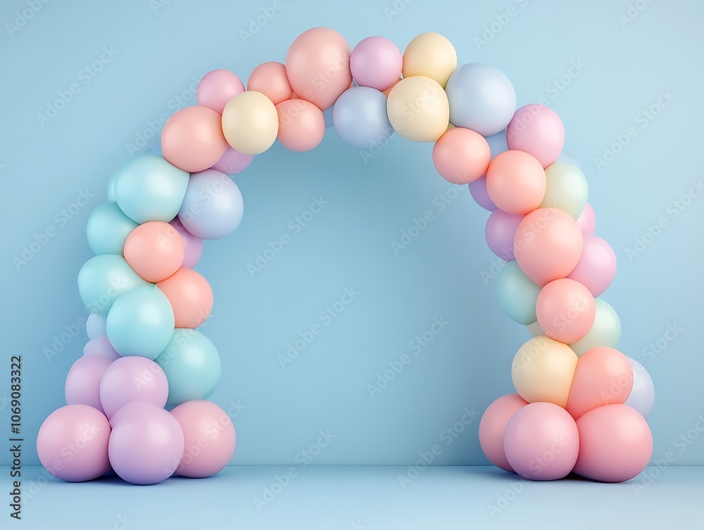Pastel Balloon Archway Against a Blue Background Pastel Balloon Archway Against a Blue Background
