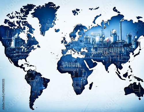 Blank world map with industrial and energy sector elements like power plants and factories, presented in blue tones for business-focused graphics photo