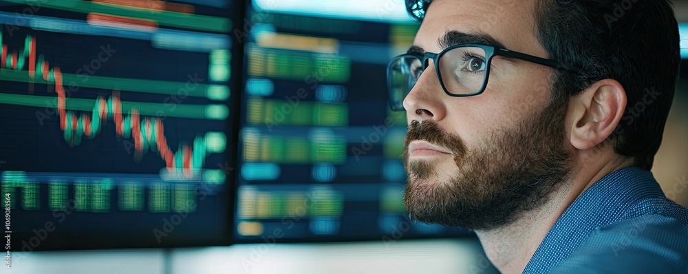 A focused individual analyzes stock market data on multiple screens, displaying graphs and trends in a professional environment. A focused individual analyzes stock market data on multiple screens, displaying graphs and trends in a professional environment.