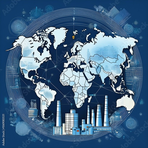 Blank world map with industrial and energy sector elements like power plants and factories, presented in blue tones for business-focused graphics photo