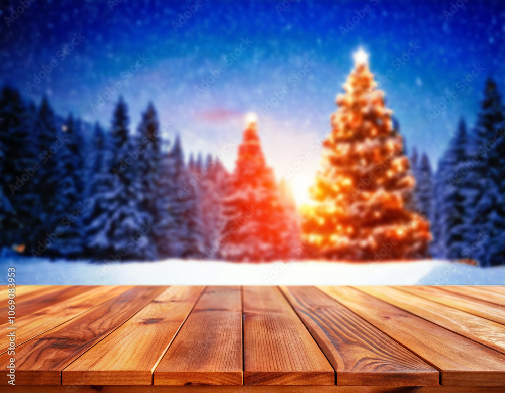Empty table in front of christmas tree with decorations background. For product display mont Empty table in front of christmas tree with decorations background. For product display mont