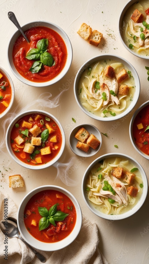 A vibrant assortment of hearty soups featuring rich tomato, creamy chicken noodle, and savory vegetable broth, garnished with fresh herbs and accompanied by crispy croutons. A vibrant assortment of hearty soups featuring rich tomato, creamy chicken noodle, and savory vegetable broth, garnished with fresh herbs and accompanied by crispy croutons.