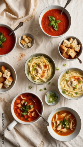 A cozy spread of assorted soups with fresh herbs and crunchy croutons, showcasing a comforting meal for a chilly day, featuring vibrant colors and delicious textures.