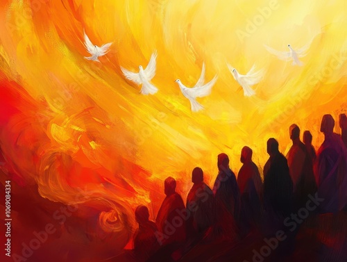 Pentecost celebration art: apostles gathered with flames above, wind swirling softly, doves and light rays, meditative and serene feeling