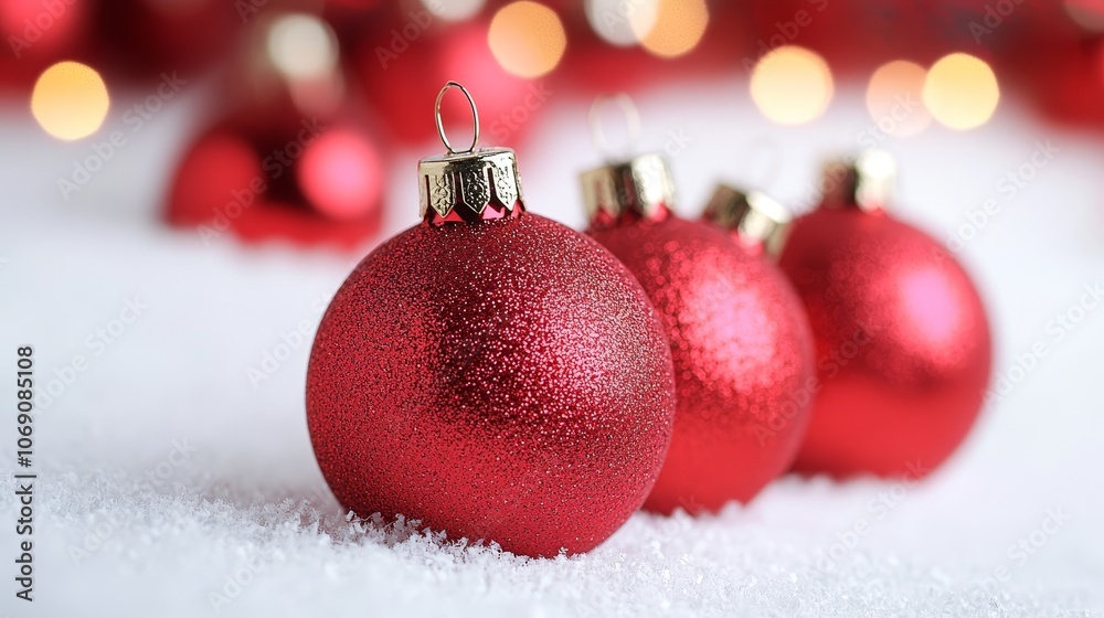 Red Christmas ornaments resting on snow with a festive background of blurred light. Red Christmas ornaments resting on snow with a festive background of blurred light.