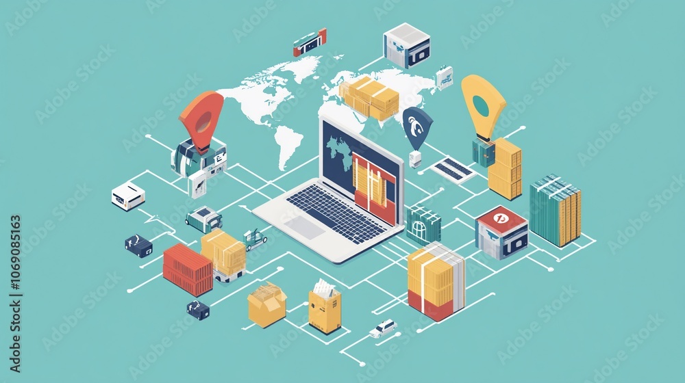 A laptop with a shopping cart icon on the screen is connected to a global network with packages, trucks, credit cards, 