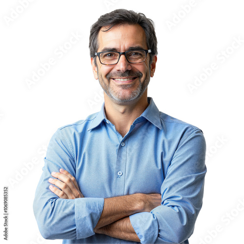 Smiling middle-aged man with glasses isolated on transparent background