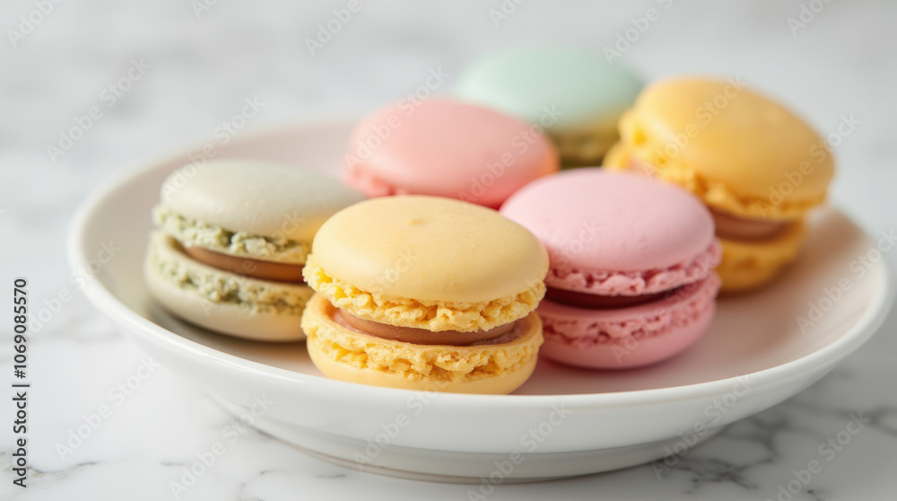 Delicious pastel-colored macarons arranged artistically on a white dish Delicious pastel-colored macarons arranged artistically on a white dish