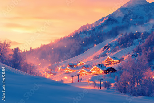 Cozy chalets in a snowy valley at sunset, minimalist postcard, wallpaper background