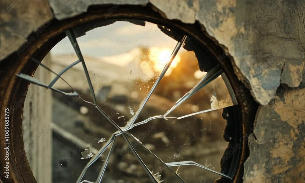 Shattered Mirror Reflection Frame with Cracked Texture at Sunset