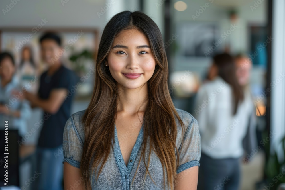 Asian woman smiling in office with coworkers in background. Asian woman smiling in office with coworkers in background.