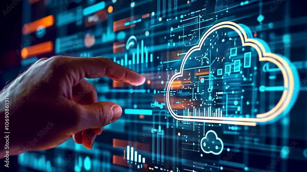 A person's fingertip interacts with a vibrant, digital cloud computing icon on a high-tech interface. The scene evokes themes of advanced technology and virtual connection. A person's fingertip interacts with a vibrant, digital cloud computing icon on a high-tech interface. The scene evokes themes of advanced technology and virtual connection.