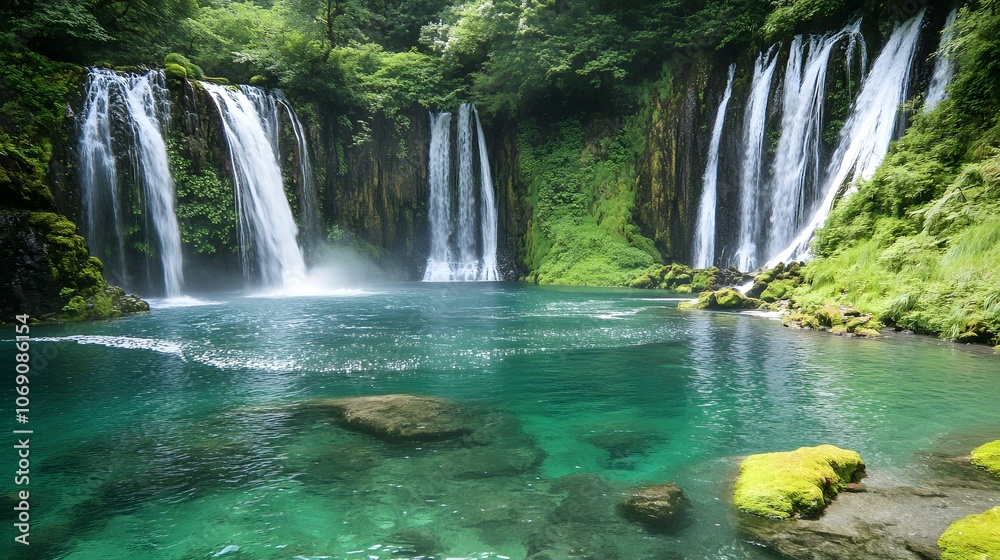 Naklejka premium A crystal-clear waterfall cascading into a turquoise pool, encircled by lush greenery and moss-covered rocks