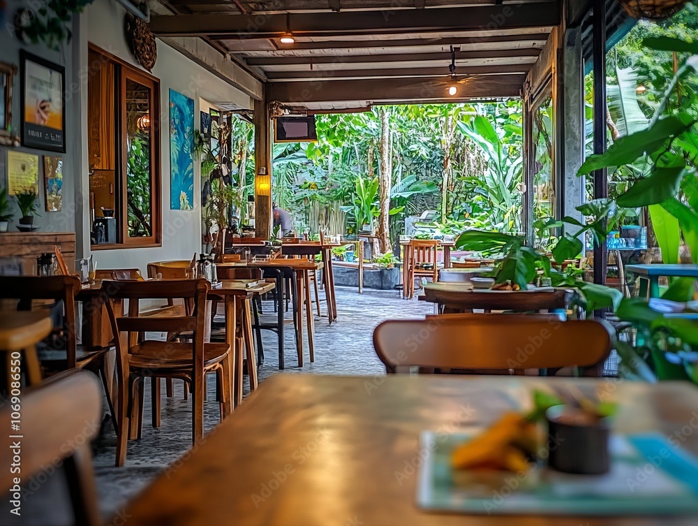 Fototapeta premium Cozy Cafe with Lush Green Background