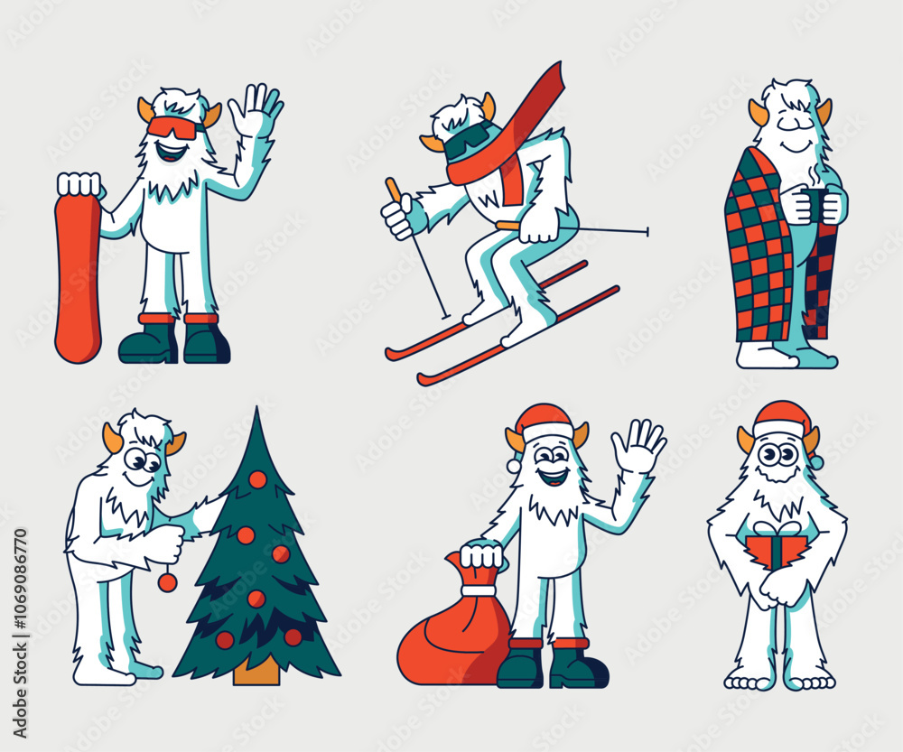 Yeti character: skiing, snowboarding, decorating a Christmas tree, with Christmas gifts color line illustartions. Yeti character: skiing, snowboarding, decorating a Christmas tree, with Christmas gifts color line illustartions.