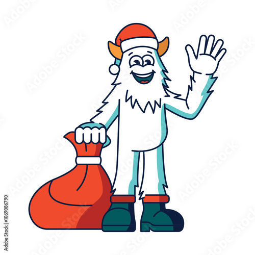 Yeti character with a bag of Christmas presents color line illustartion.