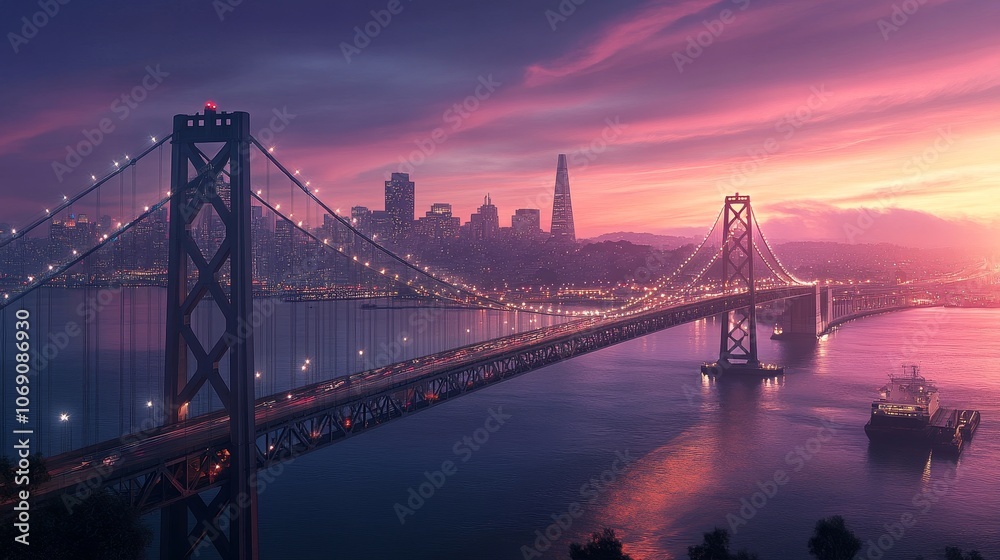 A scenic view of a city skyline at sunset, featuring a bridge and water. A scenic view of a city skyline at sunset, featuring a bridge and water.