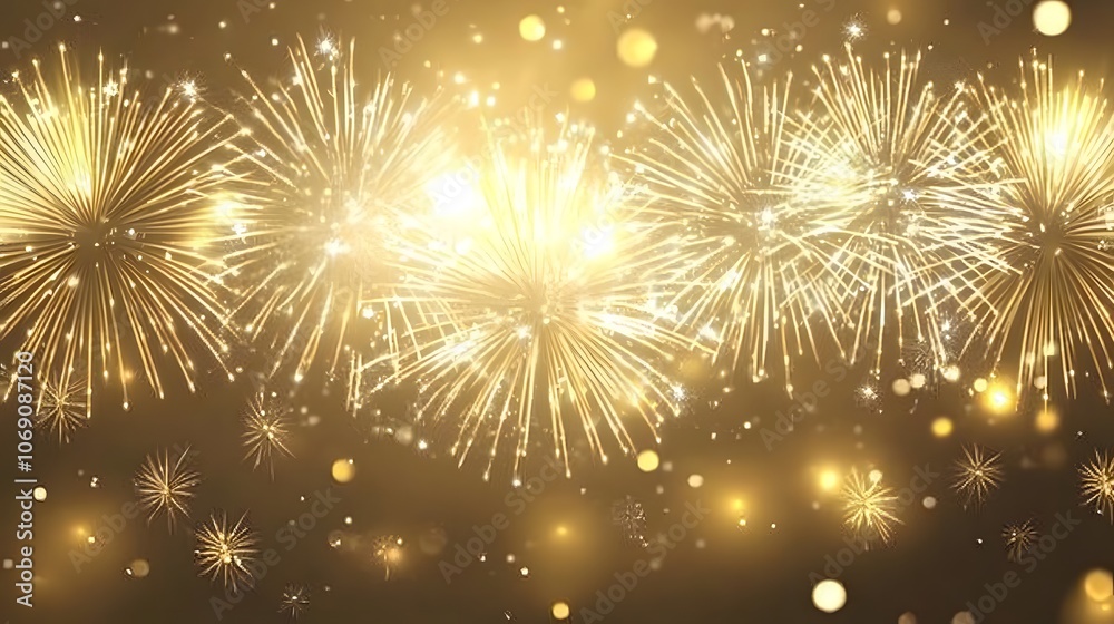 A dazzling display of bright white and gold fireworks lighting up the New Year's sky, with plenty of copy space for custom messages A dazzling display of bright white and gold fireworks lighting up the New Year's sky, with plenty of copy space for custom messages