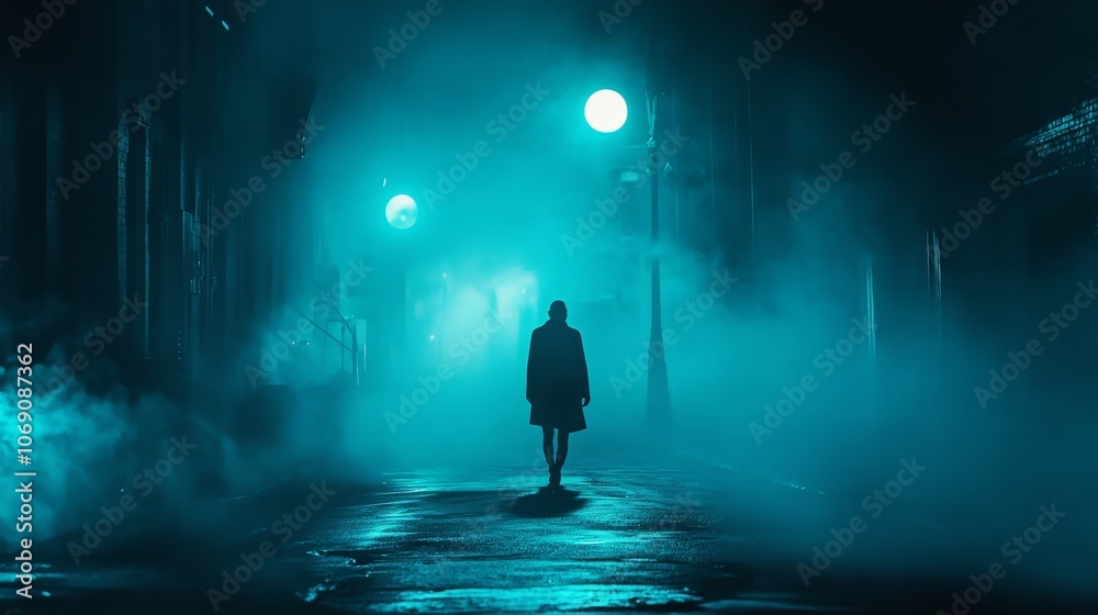 A solitary figure walks through a foggy alley illuminated by eerie blue light. A solitary figure walks through a foggy alley illuminated by eerie blue light.