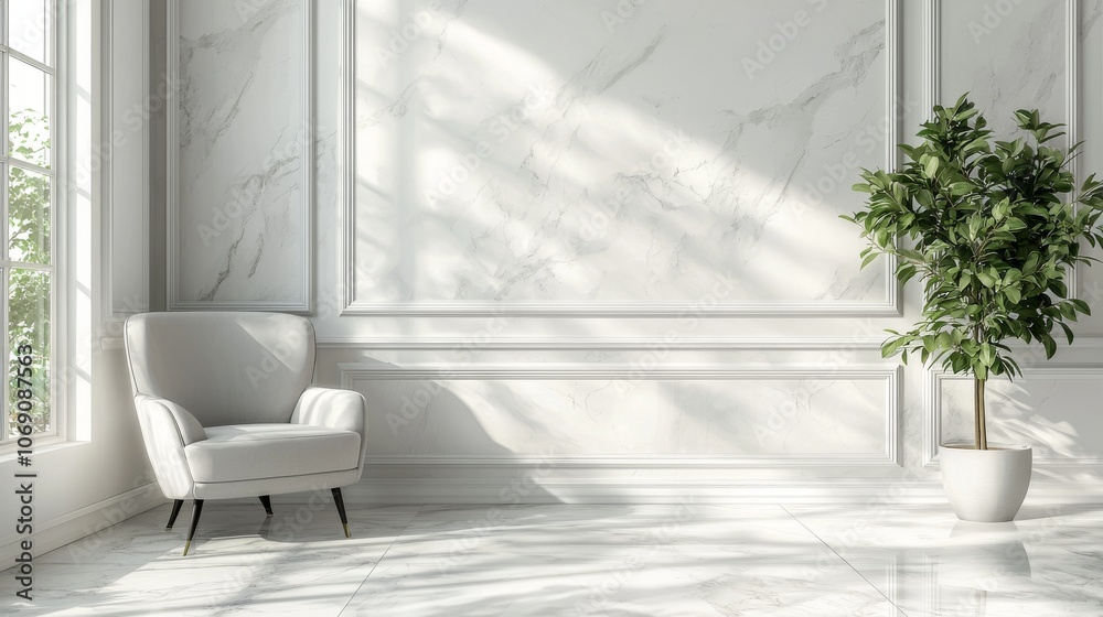 Elegant interior with armchair and potted plant Elegant interior with armchair and potted plant