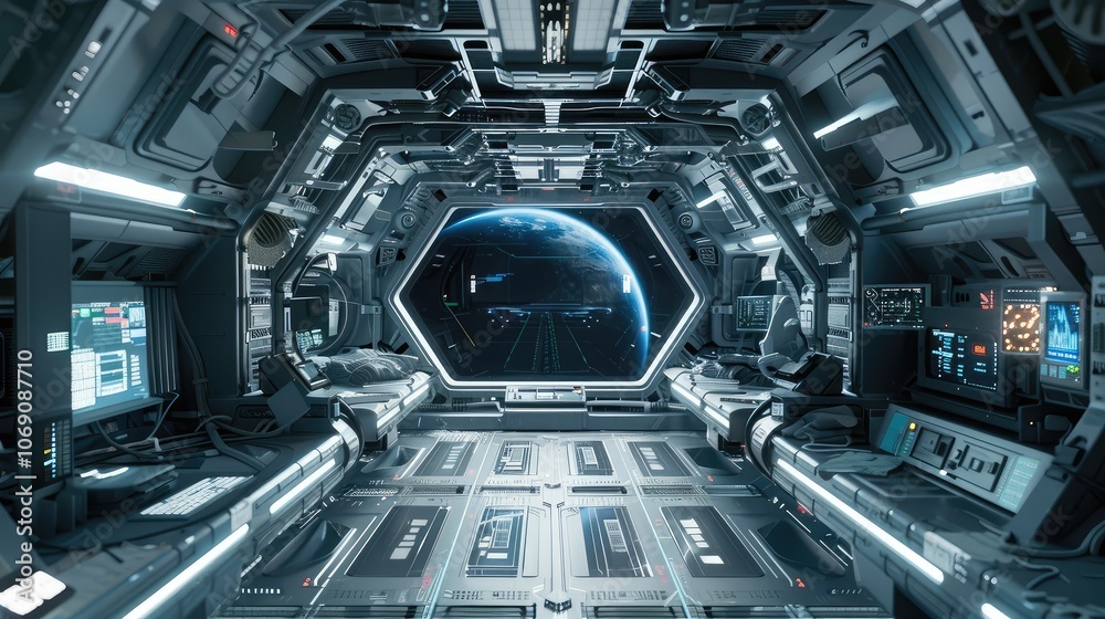Futuristic Space Station Interior with Earth View Futuristic Space Station Interior with Earth View