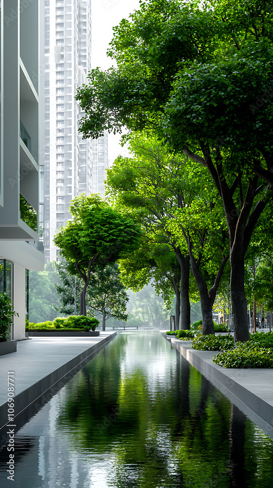 Naklejka premium Innovative highrise structures enhance urban skyline with green spaces and smart water recycling technology