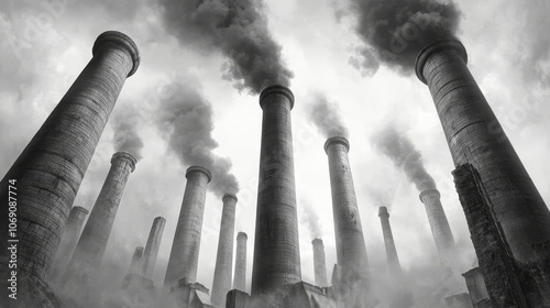 A stark black-and-white image of towering smokestacks releasing thick clouds of smoke, evoking themes of industrialization and environmental impact. photo