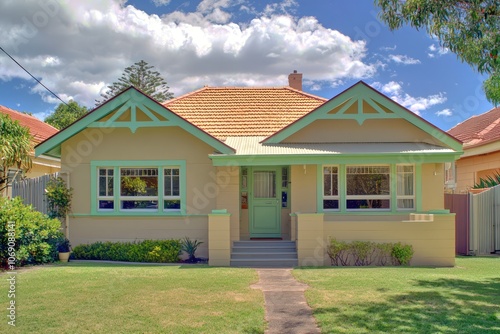 Mint green accented beige house in Sydney suburbs with large yard. photo