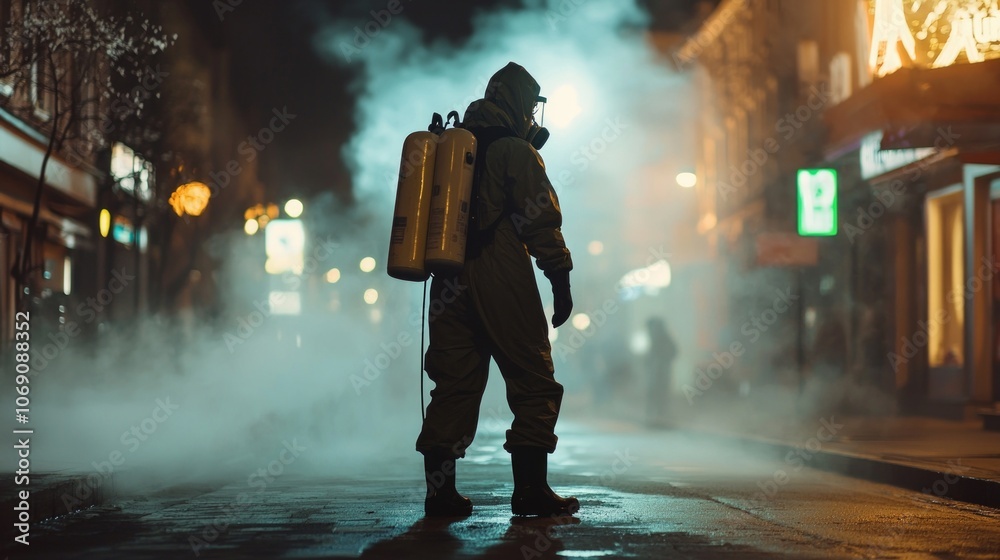 Naklejka premium man protective respirator suit and mask disinfects deserted city street foggy winter evening ensuring cleanliness and safety residents.