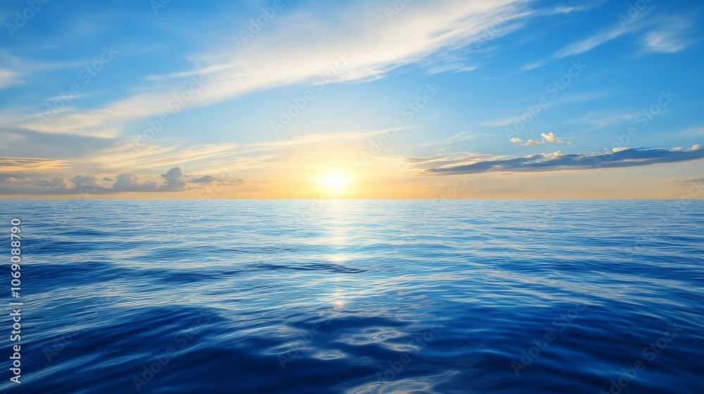 A serene ocean view at sunset, showcasing calm waters and a colorful sky.