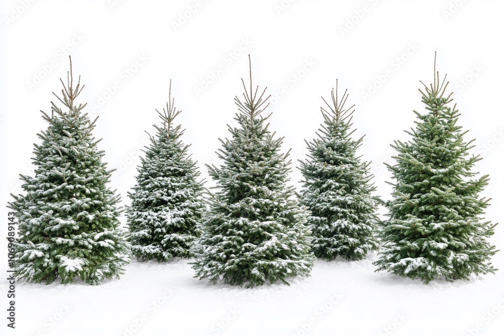 Fototapeta premium Fluffy green Christmas trees in the snow on a white background