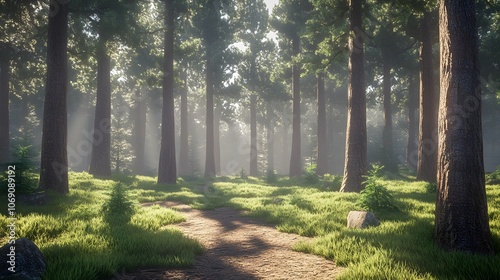 A dense pine forest features towering trees and a soft forest floor blanketed with pine needles, creating a serene and natural woodland environment.