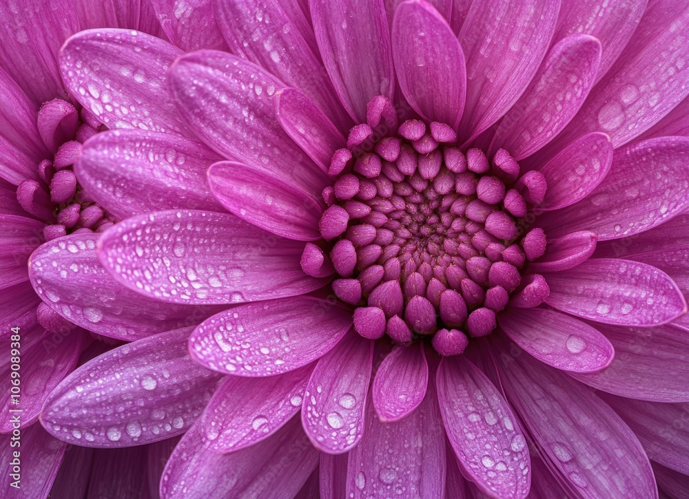 Close up of a pink flower with water droplets.
