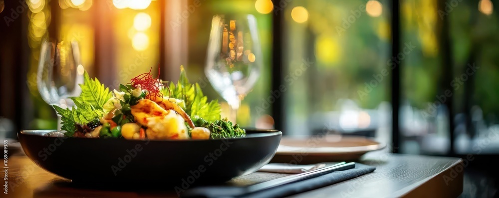 A beautifully presented dish of fresh salad sits on a wooden table, illuminated by warm sunlight filtering through glass windows. A beautifully presented dish of fresh salad sits on a wooden table, illuminated by warm sunlight filtering through glass windows.