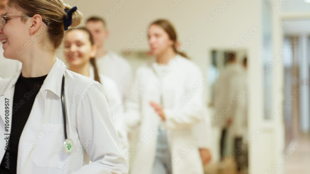 Medical students in white lab coats walking in a clinical setting, showcasing a positive learning environment in healthcare. Concept of medical education and professional growth