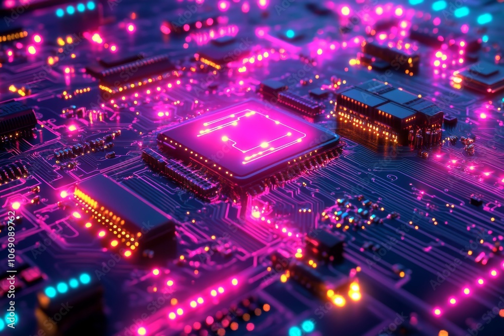 Glowing Circuit Board with Processor Chip Closeup Glowing Circuit Board with Processor Chip Closeup