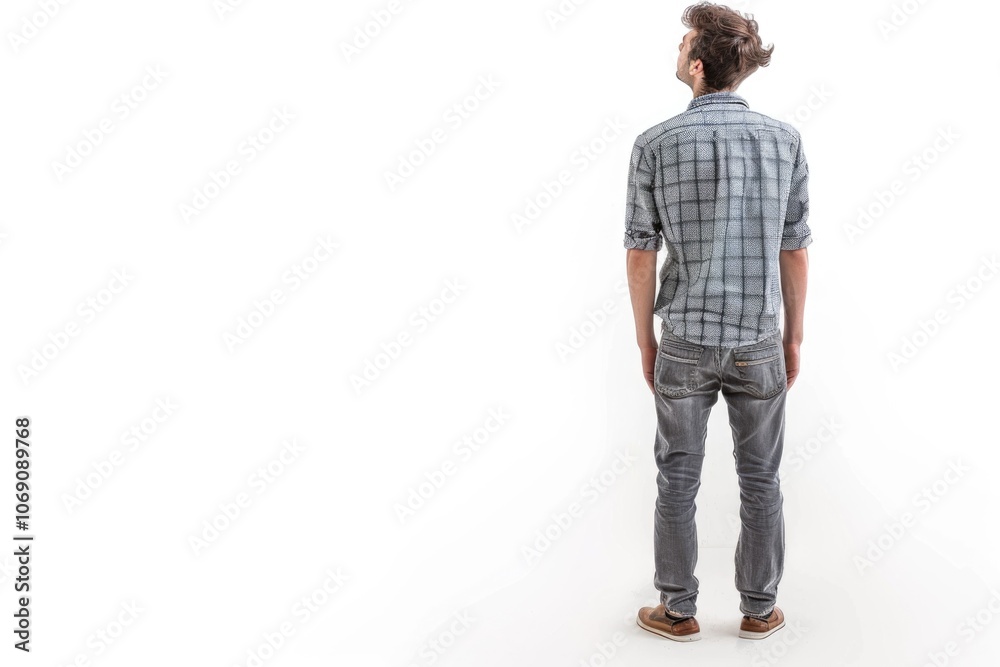 Naklejka premium Young man looking up with hands in pockets isolated on white.