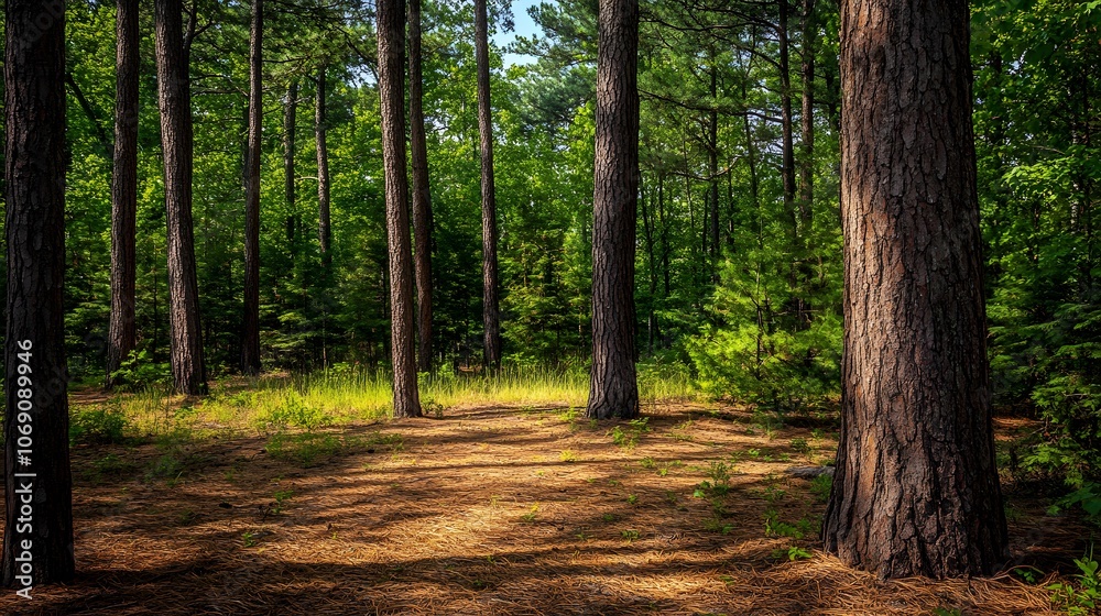 Fototapeta premium A dense pine forest features towering trees and a soft forest floor blanketed with pine needles, creating a serene and natural woodland environment.
