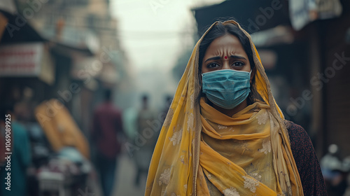 Indian woman wears face mask to protect herself from smog and dust in city  photo