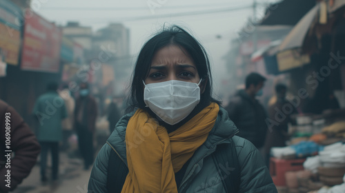 Indian woman wears face mask to protect herself from smog and dust in city 