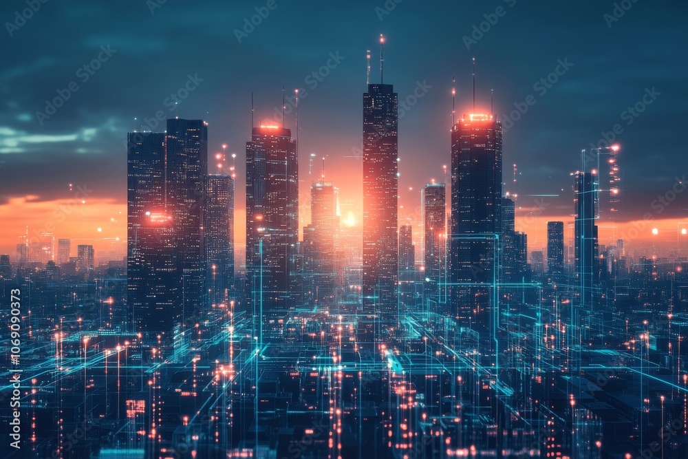 Futuristic Cityscape with Glowing Network Lines Futuristic Cityscape with Glowing Network Lines