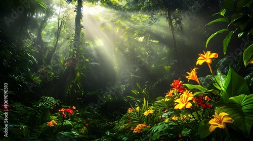 A dense tropical rainforest with sunlight streaming through the thick canopy, illuminating vibrant exotic flowers and diverse wildlife